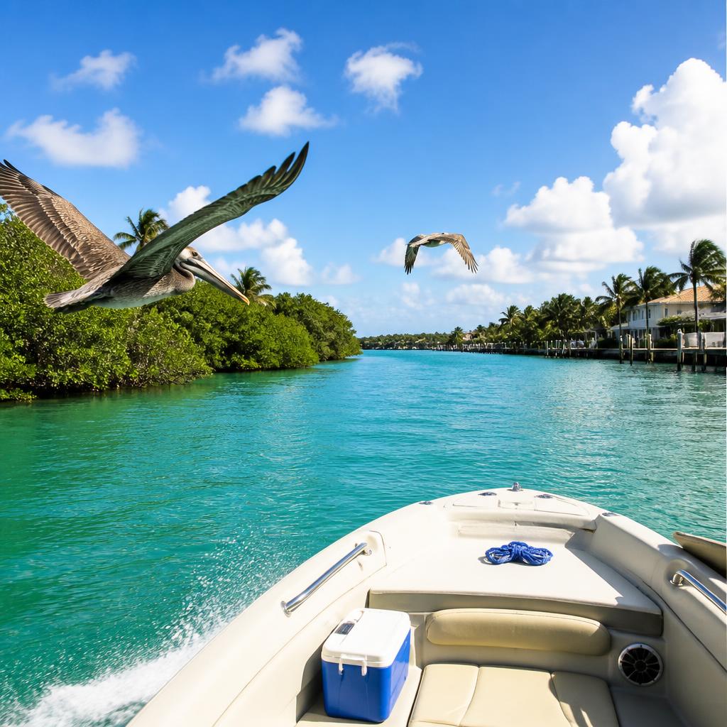 A boat cruising a turquoise Florida waterway with pelicans flying alongside