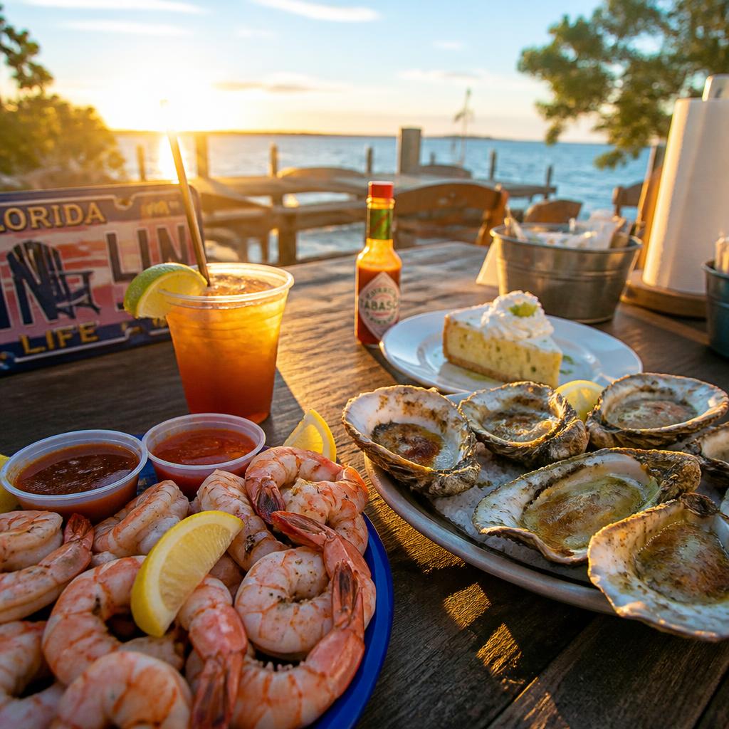 A Gulf Coast seafood spread — shrimp, oysters and key lime pie at sunset