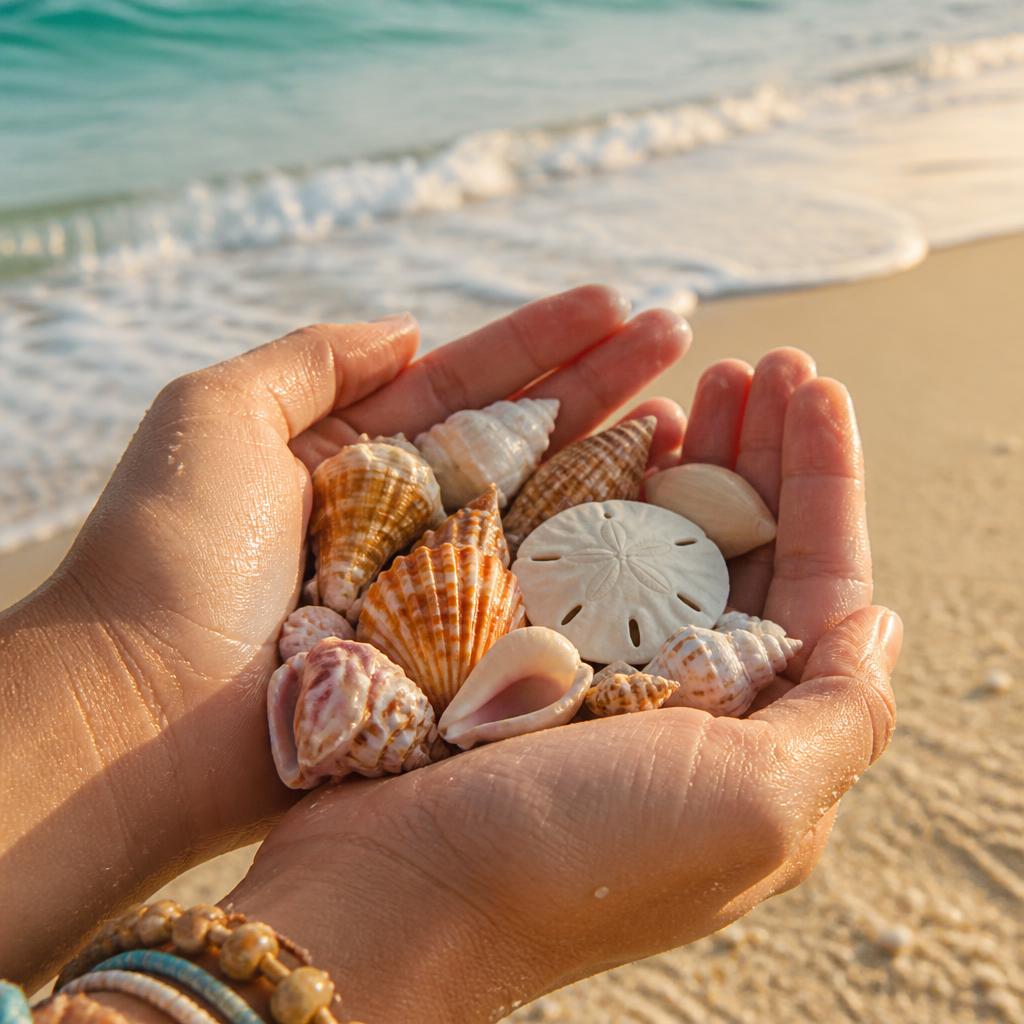 Hands full of seashells and a sand dollar found on a morning beach walk