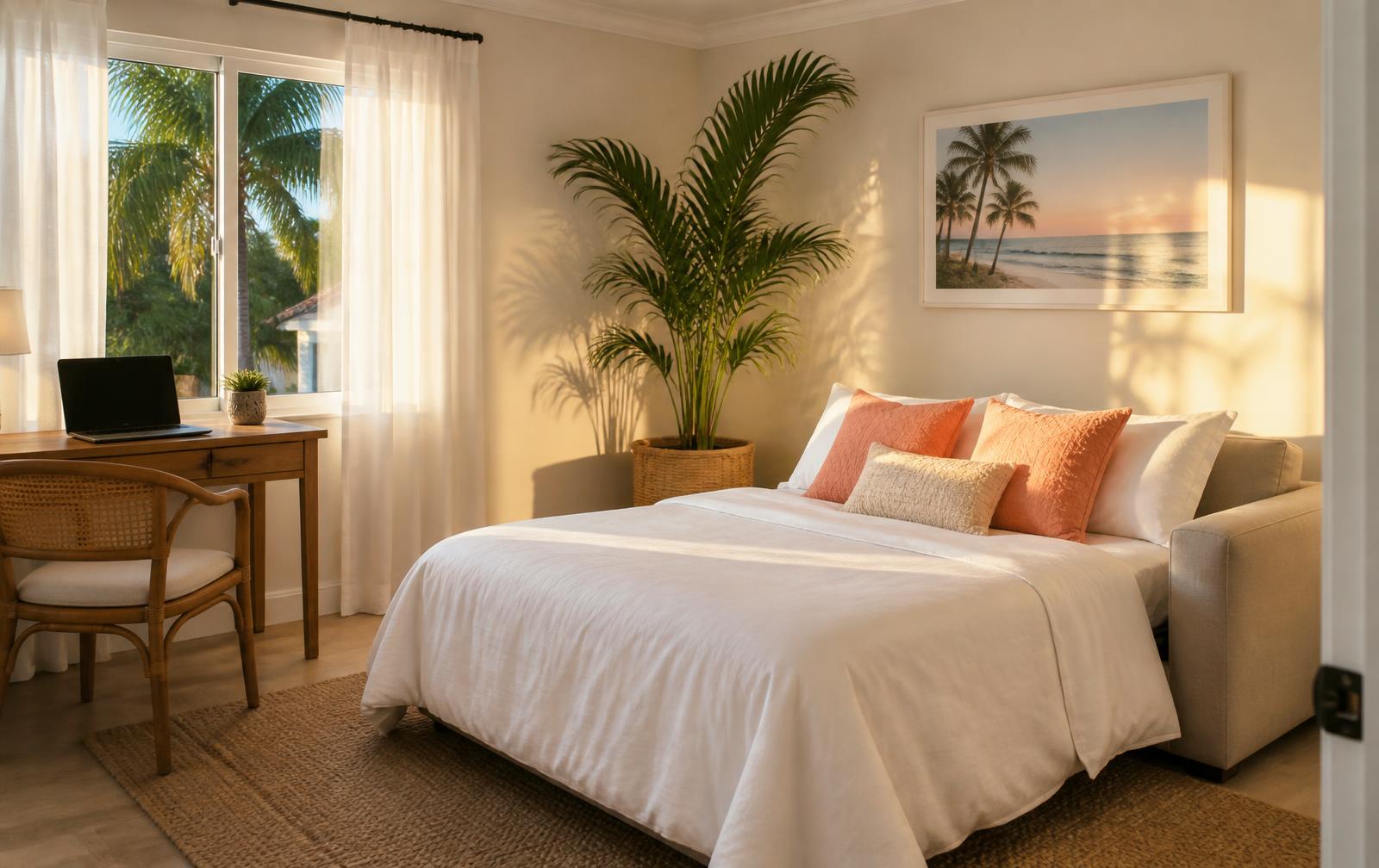 The guest suite: a cozy converted office with a pull-out couch, soft bedding and tropical decor