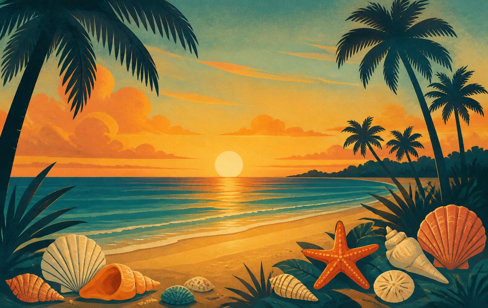 Sunset over the Gulf Coast near Anna Maria Island, with palm trees and calm turquoise water