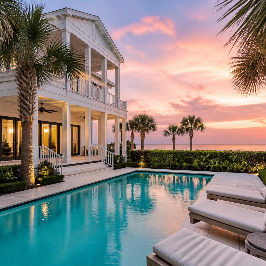An elegant nearby coastal rental home with pool and palm trees at sunset
